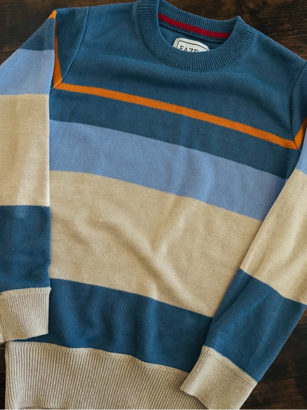 Striped Crewneck Sweater in Blue, Beige & Orange Accent